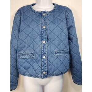 Rachel Zoe Quilted Denim Jacket L Blue Cropped Snap Front Chic